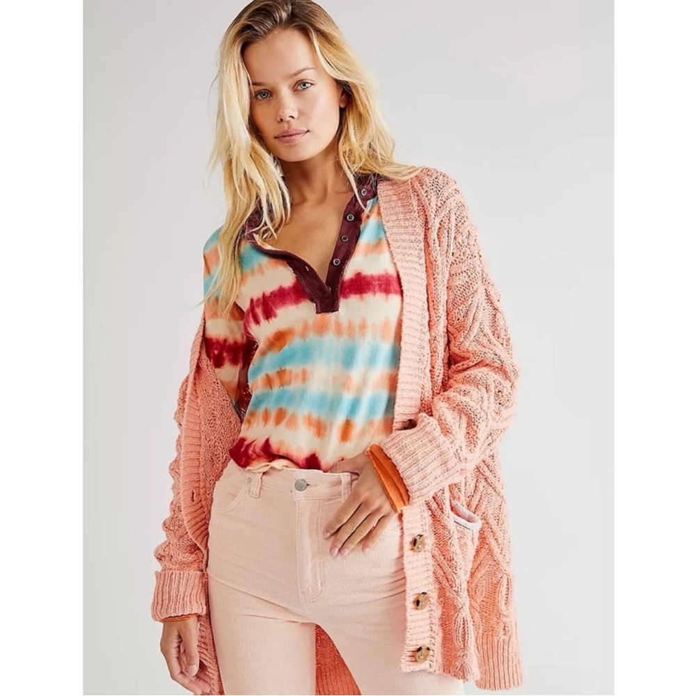 Free People Montana Cable Knit Chunky‎ Oversized Cardigan Sweater in Coral Pink